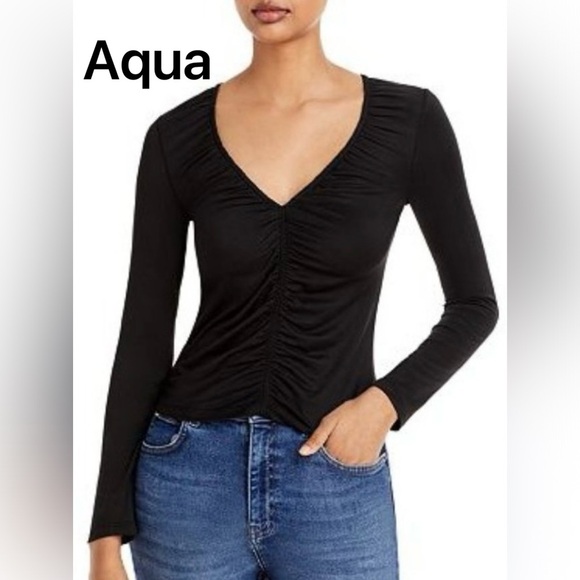 Aqua Tops - AQUA Ruched Long Sleeve Black Top